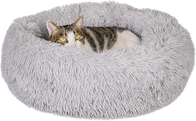 Calming Cat Beds for Indoor Cats, Anti Anxiety Round Fluffy Plush Faux Fur Cat Bed, Washable 23 inches Small Dog Bed & Cat Bed