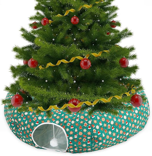 Cat Tunnel Bed Under Christmas Tree 3 ft x 3 ft x 10 Inch Cat Bed Tunnel with Hanging Ball Xmas Cat Donut Tunnel Round Cat Hideaway Holiday Circle Cat Cave Pets Gift(Green,Santa Claus)