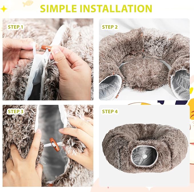 KOMUSMO Cat Tunnel Bed with Central Mat and Hanging Ball Toy, Multifunctional Large Cat Bed Cave Donut for Indoor Cats, Soft Plush Fluffy Collapsible Peekaboo Cave for Small Medium Large Cats Kittens