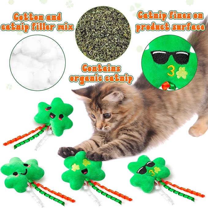 MALLMALL6 4Pcs Shamrocks Catnip Toys Gift for Cat, Indoor Cat Bite Kick Plush Catmint Pet Toys Supplies for Kitten Lover Gifts, Cute Teething Chew Relief Interactive Toy