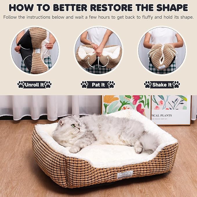 Cat Beds for Indoor Cats, Small Fluffy Pet Beds with Super Soft Fillings, Washable Dog Beds for Small Dogs and Cats, Calming Puppy Beds for Kittens, Brown/Beige, 20 inches