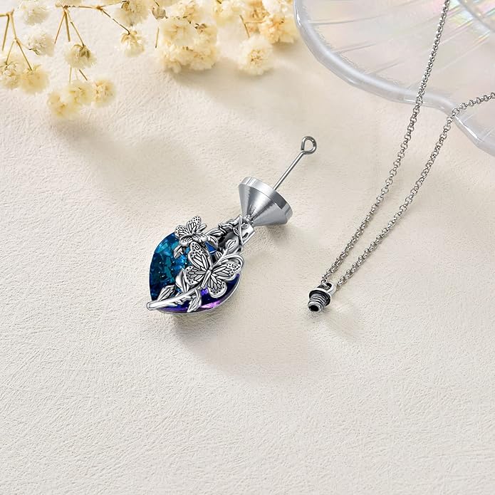 Animal Crystal Urn Necklace For Ashes Sterling Silver Butterfly Dragonfly Bee Phoenix Peacock Hummingbird Fox Angel Wing Pentagram Pentacle Cremation Necklace Heart Teardrop Urn Holder Necklaces For Women Memorial Jewelry