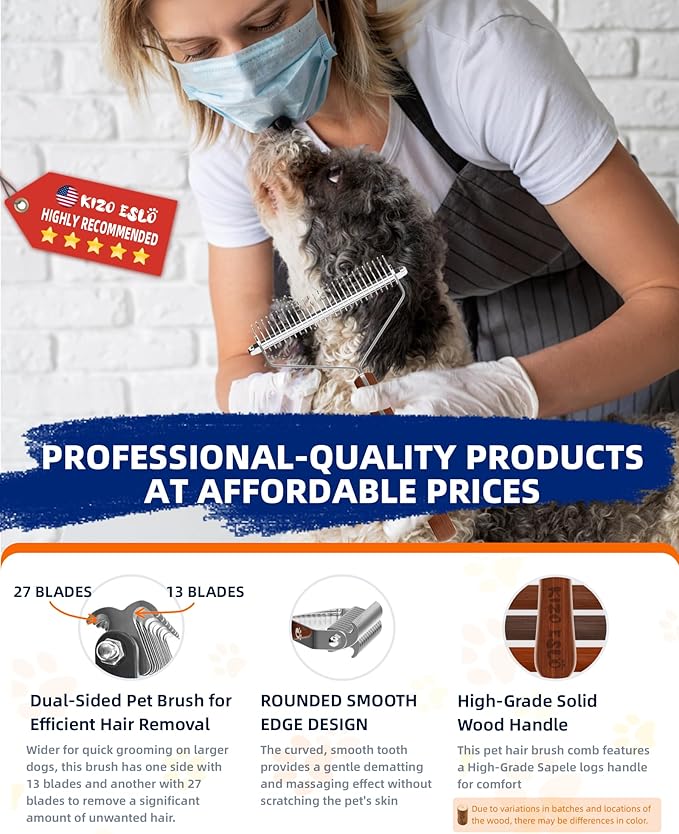 Extra Large 2-Sided Undercoat Rake for Dogs & Cats, Dog Brush for Shedding Remove Mats, Dematting Comb, Safe&Gentle Grooming Brush for German Shepherds Medium to Long-Haired Pets,Premium Wooden Handle