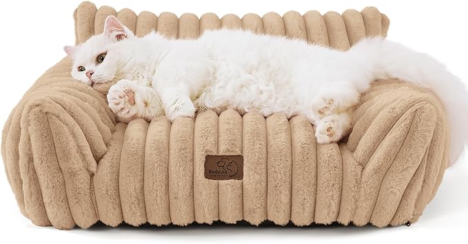 Bedsure Cute Cat Couch for Pets - Fluffy Cat Sofa with Premium Soft Corduroy Fleece, Fuzzy Cat Couch Bed with Removable Washable Cover, Supportive Cat Chair for Indoor Cats, 24inch, Tuscan Beige