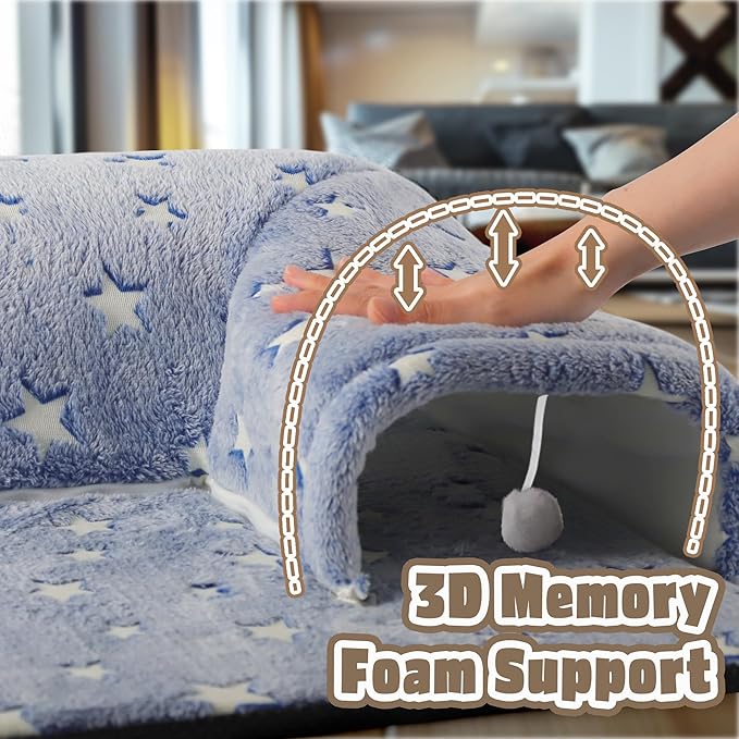 Kitten Tunnel Bed Mat, Glow in The Dark Kitten Bed for Indoor Kittens, Perfect Kitten Gift Toy with 3D Memory Foam, Detachable & Machine Washable, Non-Slip Bottom, Blue S