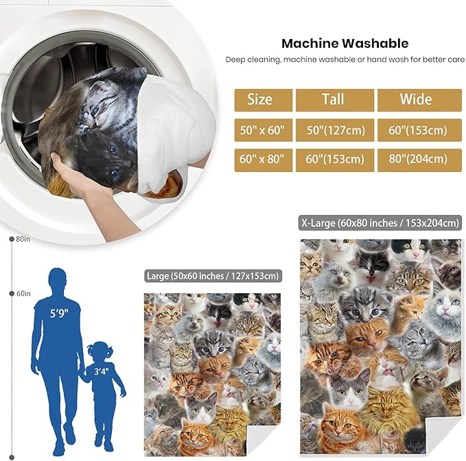 Large Fleece Throw Blanket for Couch Sofa, Fuzzy Soft Cozy Blankets and Throws Warm Lightweight Plush Lap Blanket for Women Men, 50 x 60 inches, Cute Cats Pattern