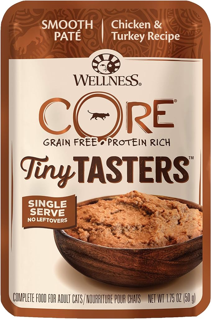 Wellness CORE Tiny Tasters Wet Cat Food, Complete & Balanced Natural Pet Food, Made with Real Meat, 1.75-Ounce Pouch, 12 Pack (Adult Cat, Chicken & Turkey Pate)