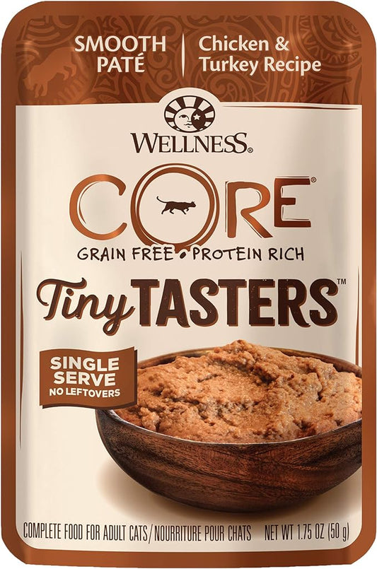 Wellness CORE Tiny Tasters Wet Cat Food, Complete & Balanced Natural Pet Food, Made with Real Meat, 1.75-Ounce Pouch, 12 Pack (Adult Cat, Chicken & Turkey Pate)