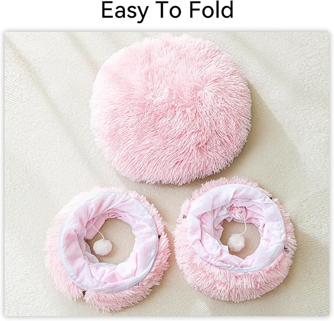 HIPIPET Winter Plush Cat Tunnel with Cat Bed for Indoor Cats,Multifunctional Cat Toys for Small Medium Large Cat.(Pink)