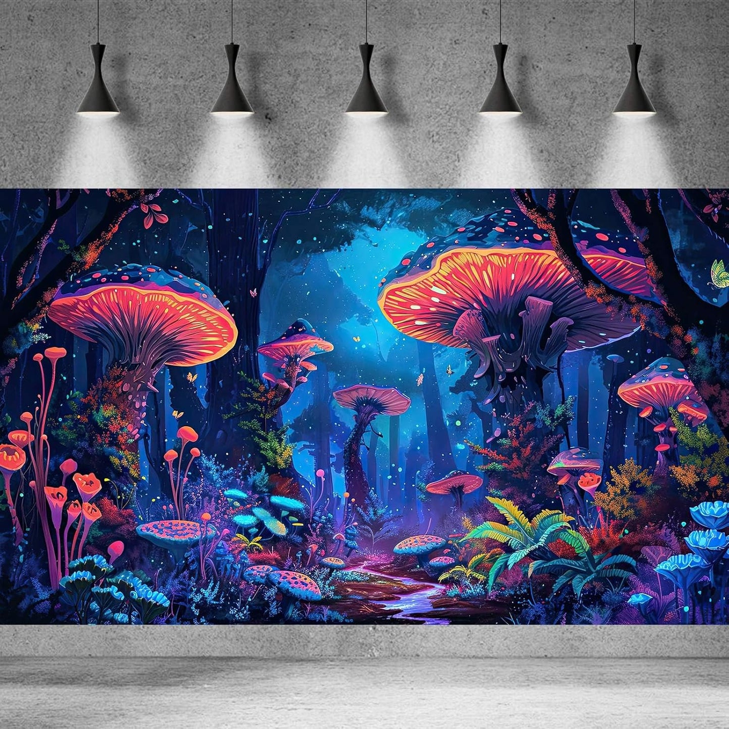 Mushrooms Aquarium Background Fantasy Bright Flowers Butterflies Fish Tank Backdrop Decoration Poster Trippy Wonderland Landscape with Giant Mystical Mushrooms Terrarium Background Decor 30x18in