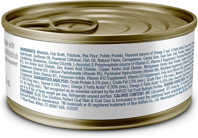 Blue Buffalo True Solutions Perfect Skin & Coat Natural Adult Wet Cat Food, Whitefish 3-oz Cans (24 Count)
