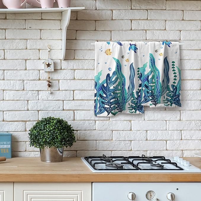 Sea Turtle Hand Towels Set of 2 Marine Seaweed Bath Fingertip Towel Soft Decorative Washcloth Guest Face Towel Kitchen Tea Dish Towels