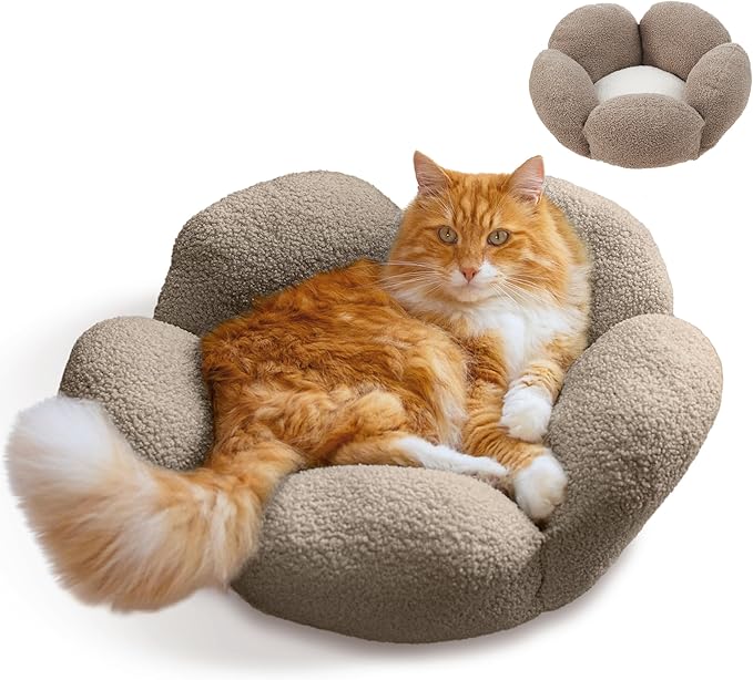 Catstages Purrfect Petals Washable Flower Shaped Round Cat Bed for Indoor Cats, Plush, Tan