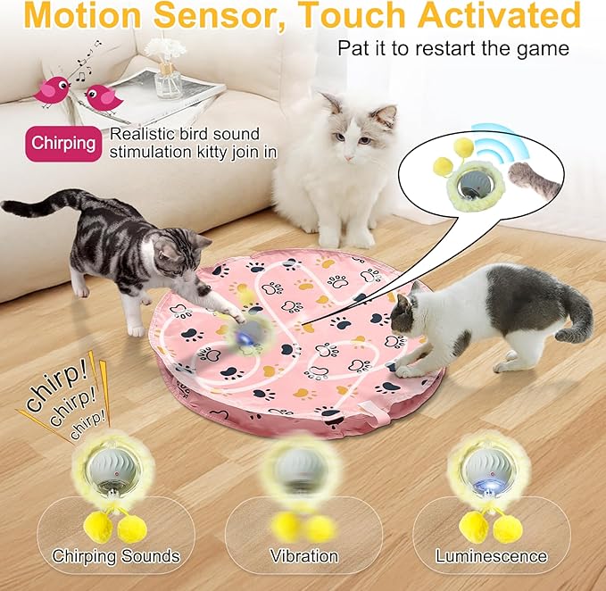 Cat Toys, Interactive Cat Toys for Indoor Cats USB Rechargeable, Automatic Motion Activated Moving Hide and Seek Self Rotating Electric Cat Ball Toy in Play Mat with LED Lights, 2 Plush Cover