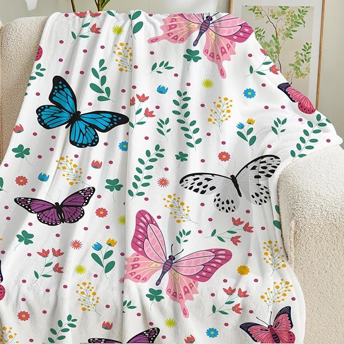 Butterfly Kids Throw Blanket for Girls Teens Toddler White Soft Fuzzy Flannel Bed Blanket Plush Butterfly Birthday Gifts for Women Girls Kids Teens Adults, 60”x80”