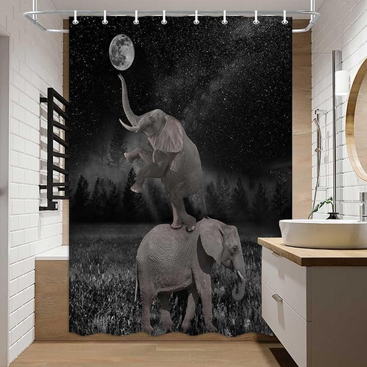 Boziqr Funny Shower Curtains for Bathroom, Cute Elephant Moon Forest Bath Curtain, Rustic Farmhouse Decor Polyester Fabric Fun Cool Animals Black 47 x 64 Inches