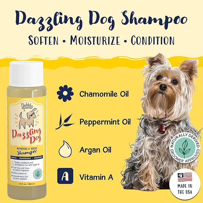 Bobbi Panter Dazzling Dog Shampoo for Moisture and Shine, Naturally Derived Ingredients, Tear-Free, Salt-Free, Paraben-Free, pH-Balanced, 20:1 Concentrated Formula, Argan Oil, Chamomile Scent, 13 oz.
