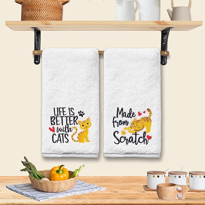 Cat Hand Towels for Bathroom - Set of 2, Embroidered Cat Lover Gifts, Soft Cotton 14x30 Inches