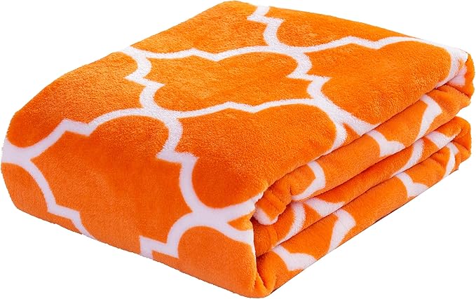 Elegant Comfort Velvet Touch Ultra Plush Christmas Holiday Printed Fleece Throw/Blanket-50 x 60inch, (Quatrefoil Orange)