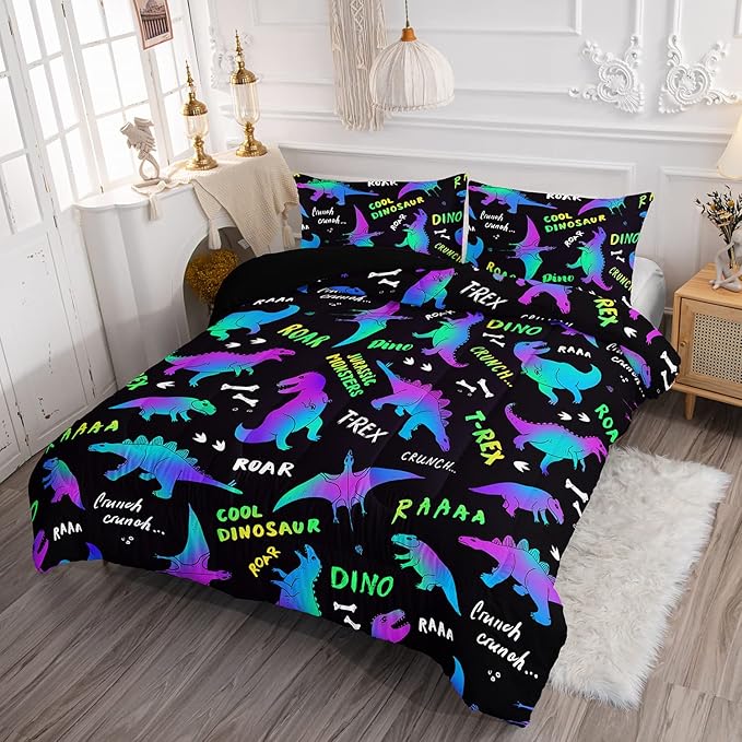 Axolotl Cartoon Dinosaur Bedding Set,Twin Size Kids Bed Set,Gradient Dinosaur Comforter Set,1 Quilt with 2 Pillowcases for Boys Girls Kids Teens Children Adults Room Decor All Season,Black