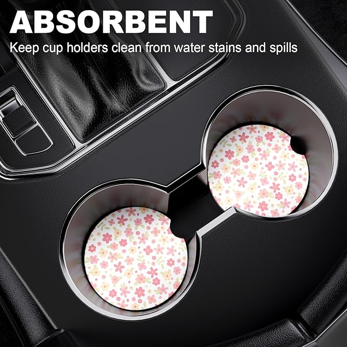 2 Pack Car Cup Holder Coaster, 2.63 inch Anti Slip Insert Absorbent Ceramic Car Coaster with Cork Base and Finger Notch, Cute Car Accessories Interior for Women, Cute Car Coasters.