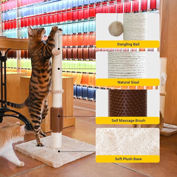 KINGROCK Tall Cat Scratching Posts for Indoor Cats,Cat Scratching Post with Plush Toys for Kittens or Smaller Cats,Premium Sisal Post for Cats at All Ages with Reinforced Stable Base
