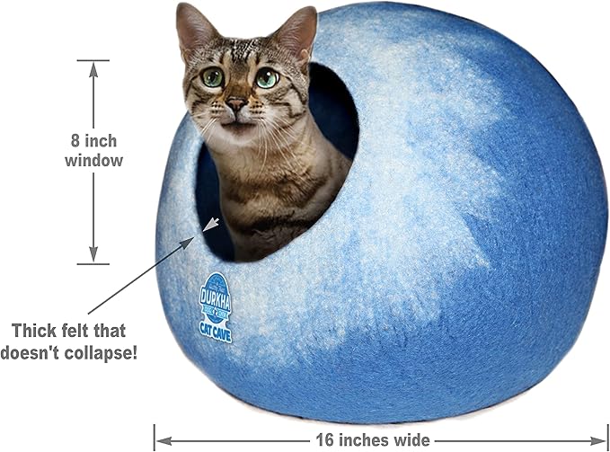 Felt Cat Cave Bed, Handmade Covered Cat Bed Cave, Wooly Cave for Cats, Dome Shaped Cat Pod, Cat Beds & Furniture, Felt Cat Beds for Indoor Cats (Light Blue and White)