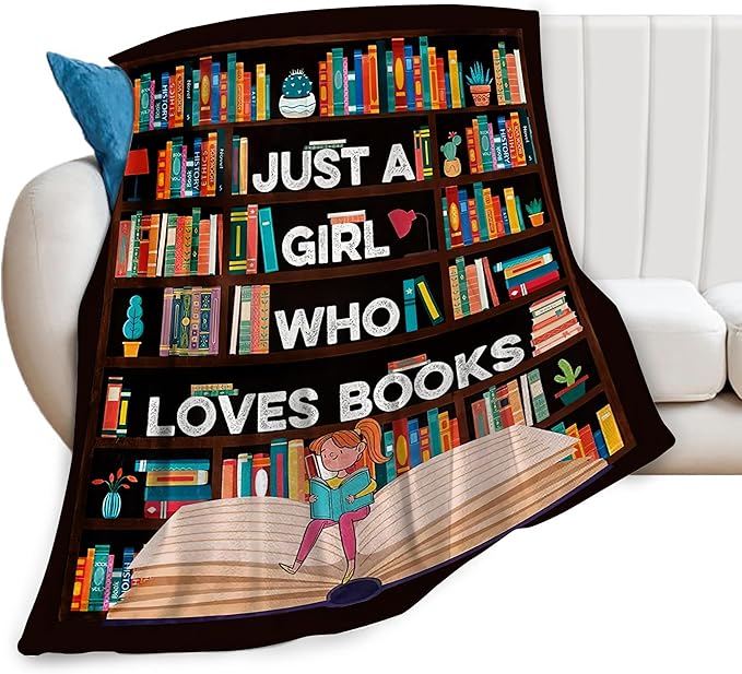 Books Blanket Reading Throw Blanket Just A Girls Who Loves Books Decor Stuff Merch Cozy Print Flannel Fleece Soft Plush Fuzzy Warm Lightweight Bedding Read Books Gifts for Women Kids 50"X40"