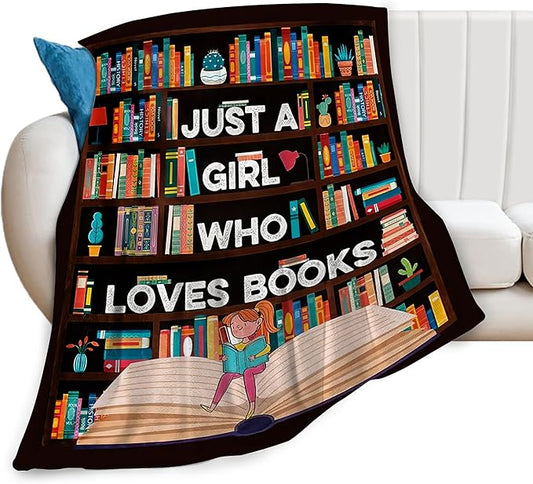 Books Blanket Reading Throw Blanket Just A Girls Who Loves Books Decor Stuff Merch Cozy Print Flannel Fleece Soft Plush Fuzzy Warm Lightweight Bedding Read Books Gifts for Women Kids 50"X40"