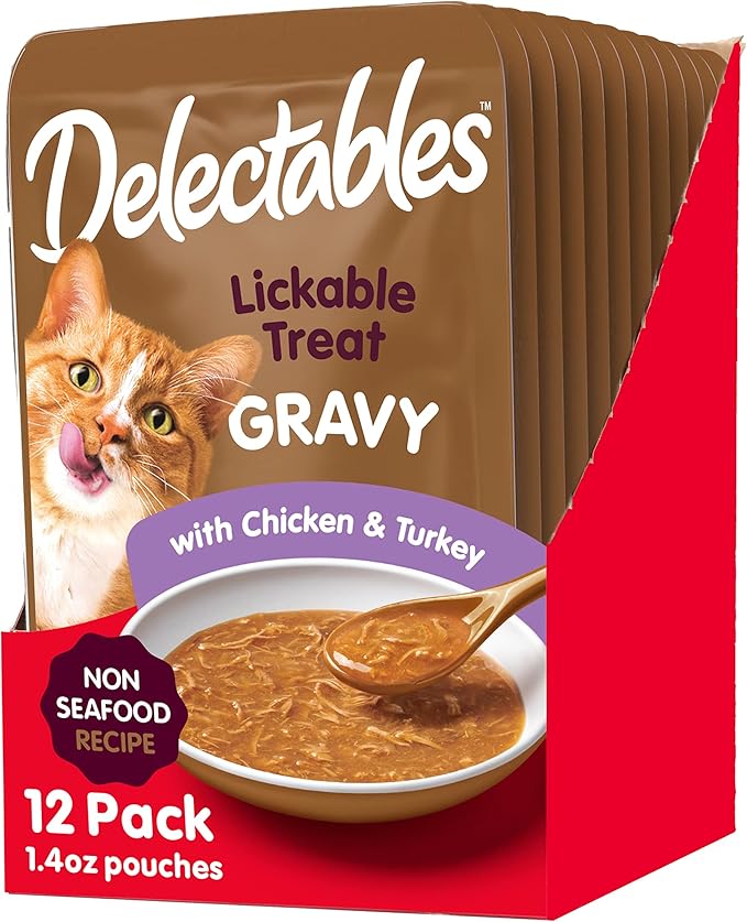 Hartz Delectables Gravy Non-Seafood Lickable Wet Cat Treat & Food Topper, Chicken & Turkey, 12 Pack, 1.40 Ounce (Pack of 12)