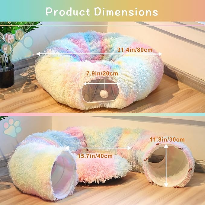 Cat Tunnel Bed for Indoor Winter, Warm Fluffy Plush Rainbow Cats Donut Tunnel with Central Mat, Multifunctional Pet Playground Toys Hide Place for Indoor Kitten Puppy Rabbit Ferret