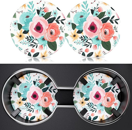 2 Pack Car Cup Holder Coaster, 2.63 inch Anti Slip Insert Absorbent Ceramic Car Coaster with Cork Base and Finger Notch, Cute Car Accessories Interior for Women, Cute Car Coasters., CH0025