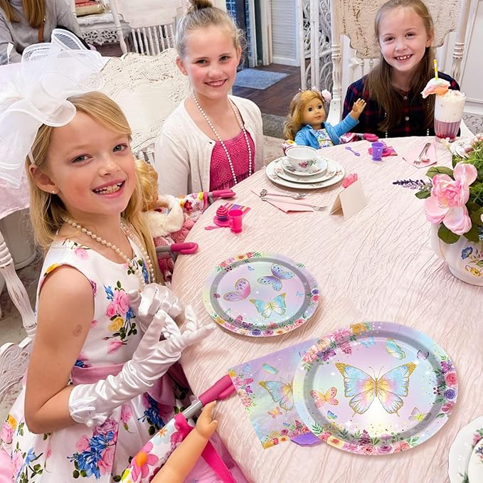 96PCS Butterfly Party Decorations Flower Fairy Birthday Tableware Flower Paper Plates Butterfly Plates Napkins Dinnerware for Baby Shower Party Supplies, Serves 24