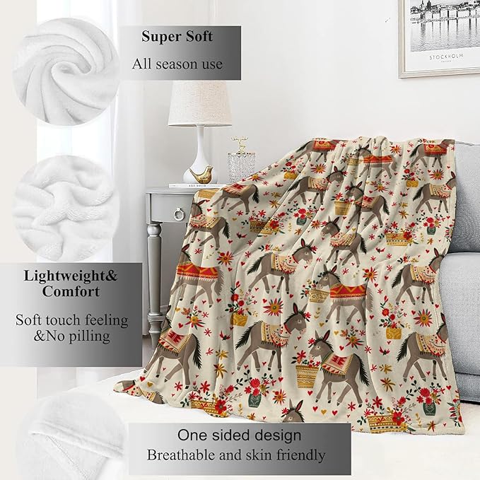 Rustic Donkey Blanket Colorful Floral Flowers Throw Blankets Gifts for Girls Boys Adults Lightweight Soft Fleece Cozy for Sofa Couch Bed Room Travel Birthday Farmhouse Decor 50x60in