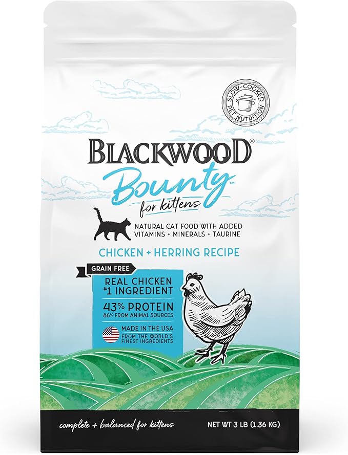 Blackwood Bounty Kitten Food Made in USA Slow Cooked Kitten Dry Food [Natural Kitten Food with Superfood Ingredients for Food Sensitivities and Immune Health], Chicken and Herring Recipe, 3 lb. Bag