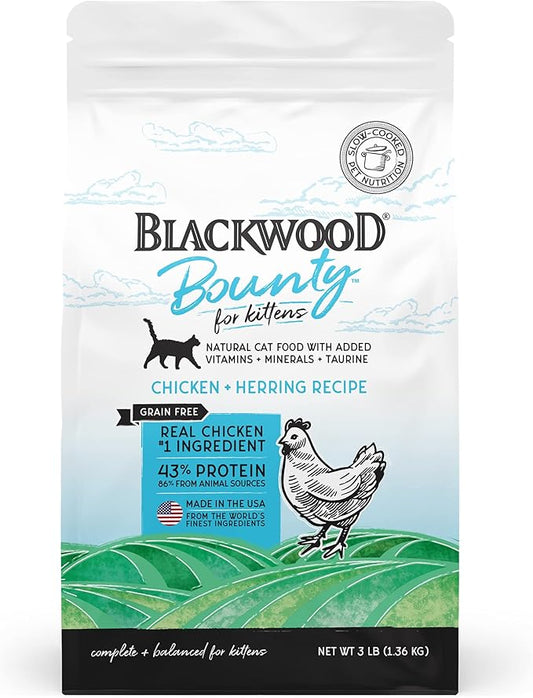 Blackwood Bounty Kitten Food Made in USA Slow Cooked Kitten Dry Food [Natural Kitten Food with Superfood Ingredients for Food Sensitivities and Immune Health], Chicken and Herring Recipe, 3 lb. Bag
