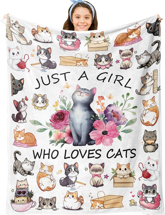 Cat Blanket Gifts, Cat Blankets for Girls, Cute Kitten Gifts for Girl, Just a Girl Who Loves Cats Blanket, Best Present Ideas for Kitten Lover Blankets 40"X50"