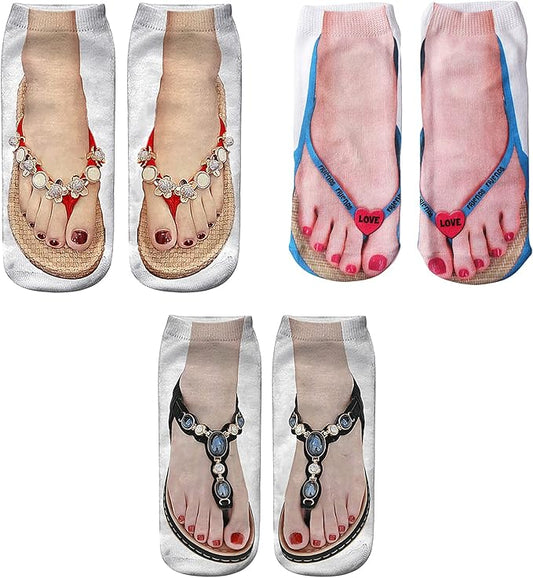 3D Manicure Print Socks Funny Flip Flop Socks 3D Pattern Socks Sandal Socks Low Cut Ankle Silly Socks- A Gag Gift