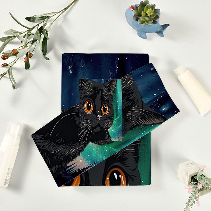 Gaming 3 Piece Towel Bathroom Sets, 1 Bath Towel, 1 Washcloth, 1 Hand Towel, Cotton Fast Dry Soft Absorbent Towel Set for Home Kitchen Family (Black Cat Watercolor)