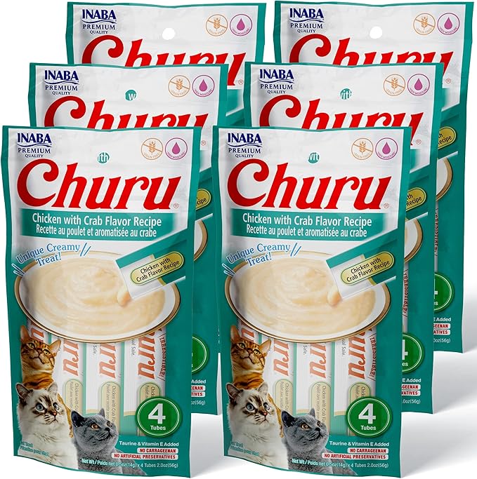 INABA Churu Cat Treats, Grain-Free, Lickable, Squeezable Creamy Purée Cat Treat/Topper with Vitamin E & Taurine, 0.5 Ounces Each Tube, 24 Tubes (4 per Pack), Chicken with Crab Recipe