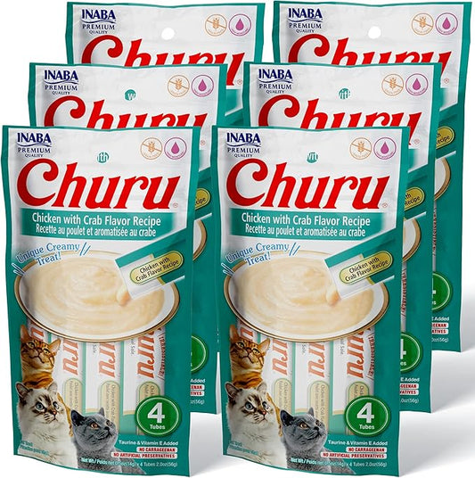 INABA Churu Cat Treats, Grain-Free, Lickable, Squeezable Creamy Purée Cat Treat/Topper with Vitamin E & Taurine, 0.5 Ounces Each Tube, 24 Tubes (4 per Pack), Chicken with Crab Recipe