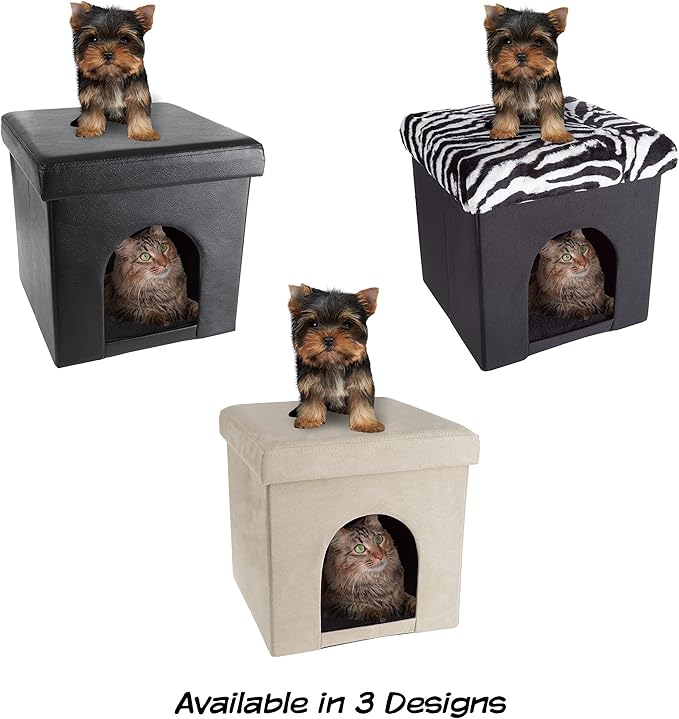 Pet House Ottoman - Collapsible Multipurpose Small Dog or Cat Bed Cube and Footrest with Cushion Top and Interior Pillow by PETMAKER (Microsuede Tan)