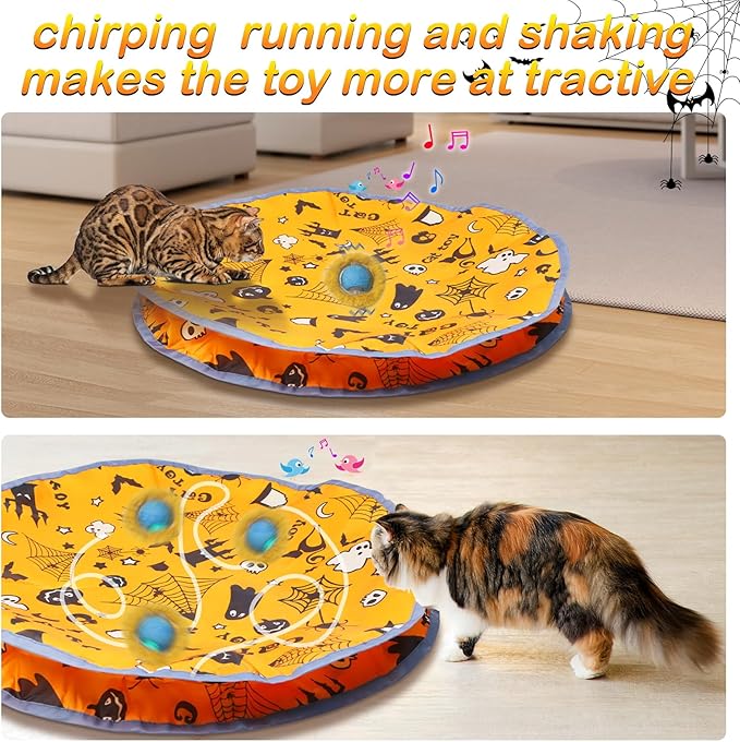 Interactive Cat Toys Ball Rolling in The Pouch, Chirping & Motion Activated Interactive Cat Ball Toy Begins Hide and Seek Game in Mat, Rechargeable Cat Exercise Toy