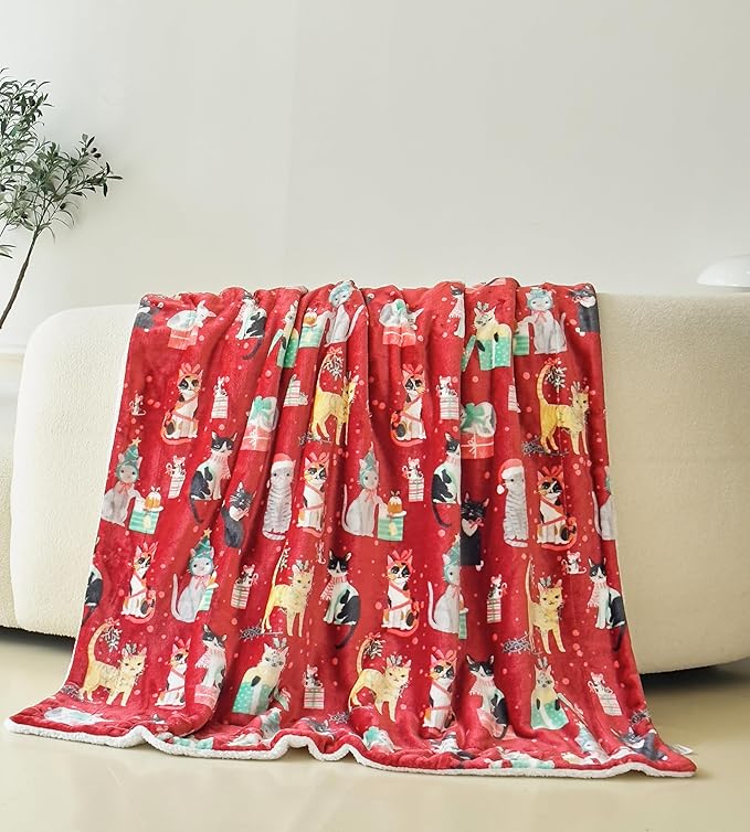 Elegant Comfort Reversible and Ultra-Plush Flannel Fleece-Winter Christmas Sherpa Throw- Lightweight Soft and Cozy-Holiday Decorative Throw, Perfect for Lounging, 50 x 60 inches, Cats in Holiday