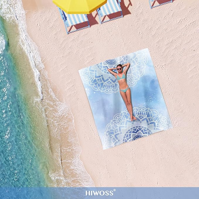 Beach Blanket Waterproof Sandproof Oversized 95”x 80”,Sand Free Beach Mat with Corner Pockets,Portable Mesh Bag for Beach Festival,Picnic,Travel and Outdoor Camping (LightBlueMandala)