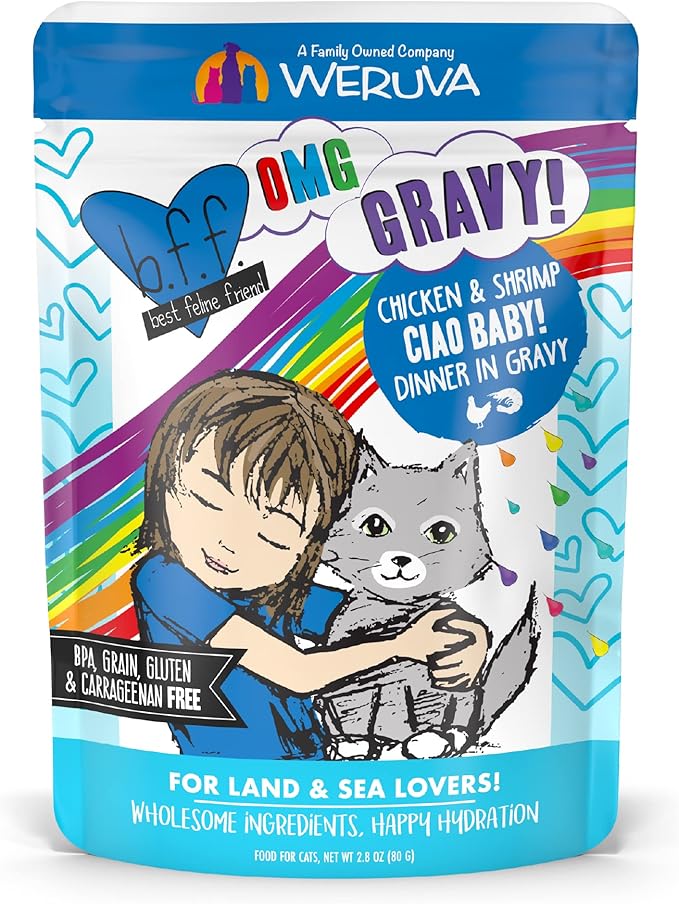 Weruva B.F.F. OMG - Best Feline Friend Oh My Gravy!, Ciao Baby! with Chicken & Shrimp in Gravy Cat Food, 2.8oz Pouch (Pack of 12)