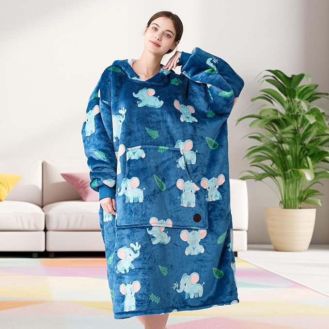 THREE POODLE Wearable Blanket Hoodie, Oversized Sherpa Sweatshirt Blanket for Adults Women Men, Warm Cozy Elephant Hooded Blanket, Gifts for Mom Girlfriend