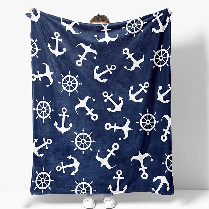 Nautical Anchor Blanket Gifts for Men Boys Dad Women Birthday Christmas Valentine Presents Sea Adventure Ocean Theme Decor Bedroom Living Room Couch Sofa Kids Adults Soft Cozy Throws Navy Blue 60"x50"
