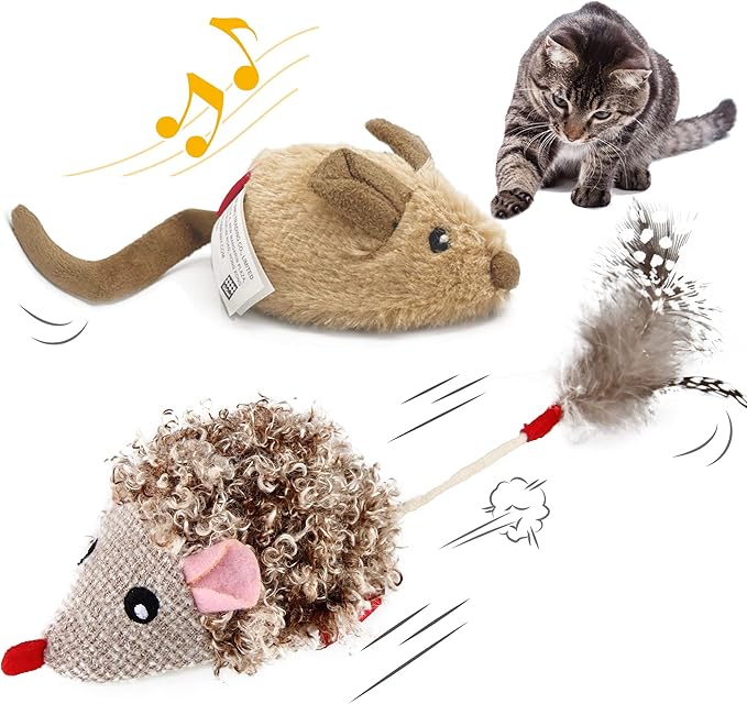 Gigwi Interactive Cat Toys Pack, Automatic Moving Mouse Electronic Cat Toys for Indoor Cats, Mouse Hunt Cat Toy for Kitten, 2 Pack (Brown Mouse & Hedgehog)