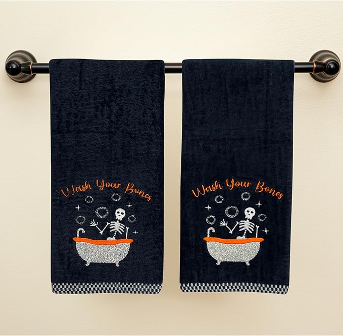 Halloween Bathroom Hand Towels, Embroidered Skeleton, Wash Your Bones Design, Set of 2, Black 16 x 25 inches